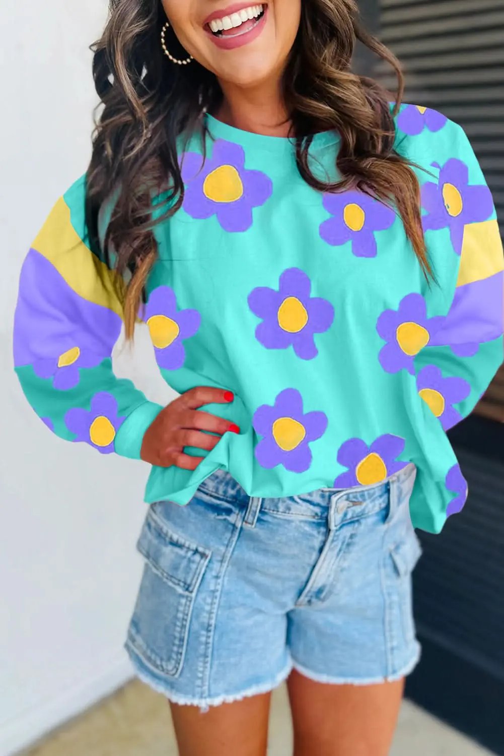 Accessories Love Salve Sky Blue Floral Women's Top Casual Long Sleeve Comfy Fit