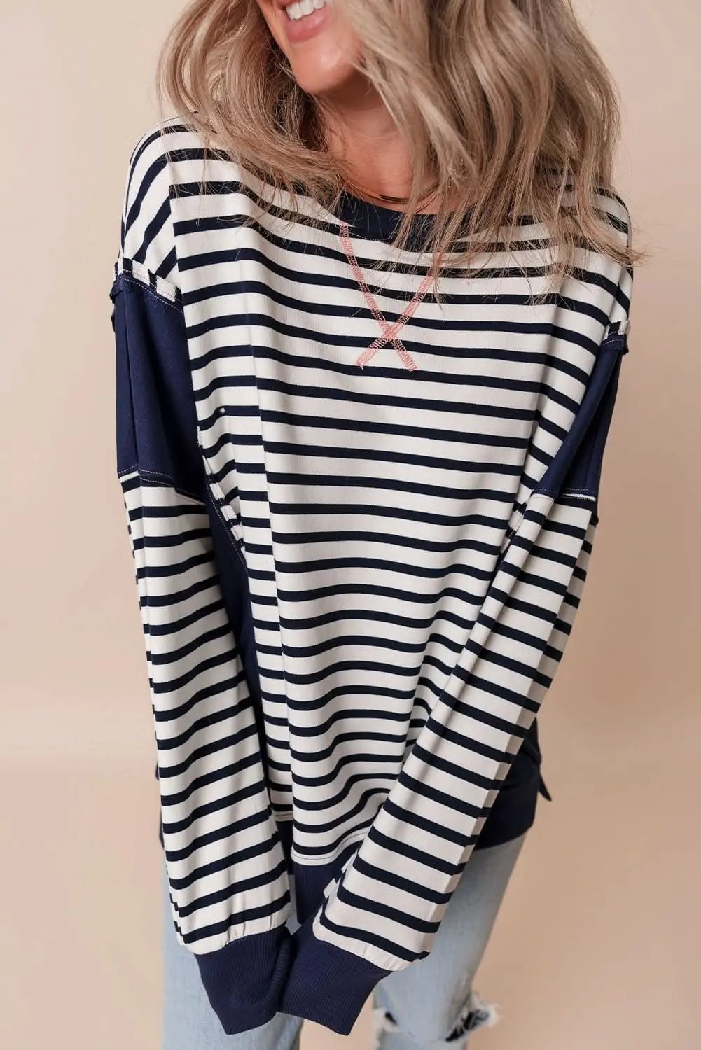 Women's Sweatshirt - Stripe Color Block - Casual Loose Fit Winter Style