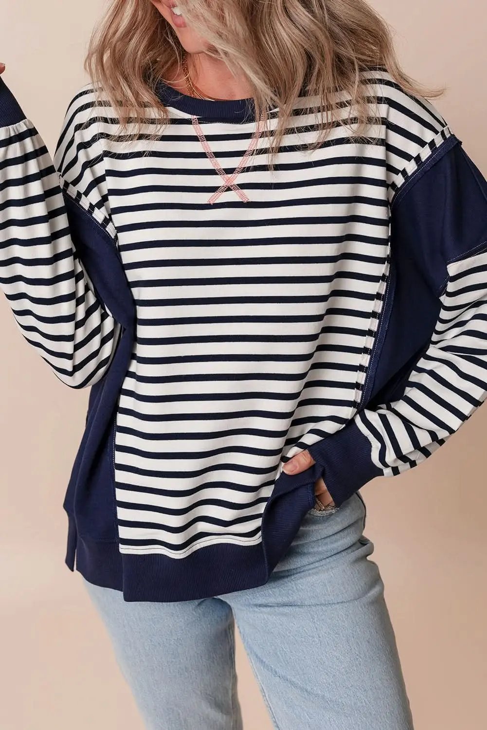 Women's Sweatshirt - Stripe Color Block - Casual Loose Fit Winter Style