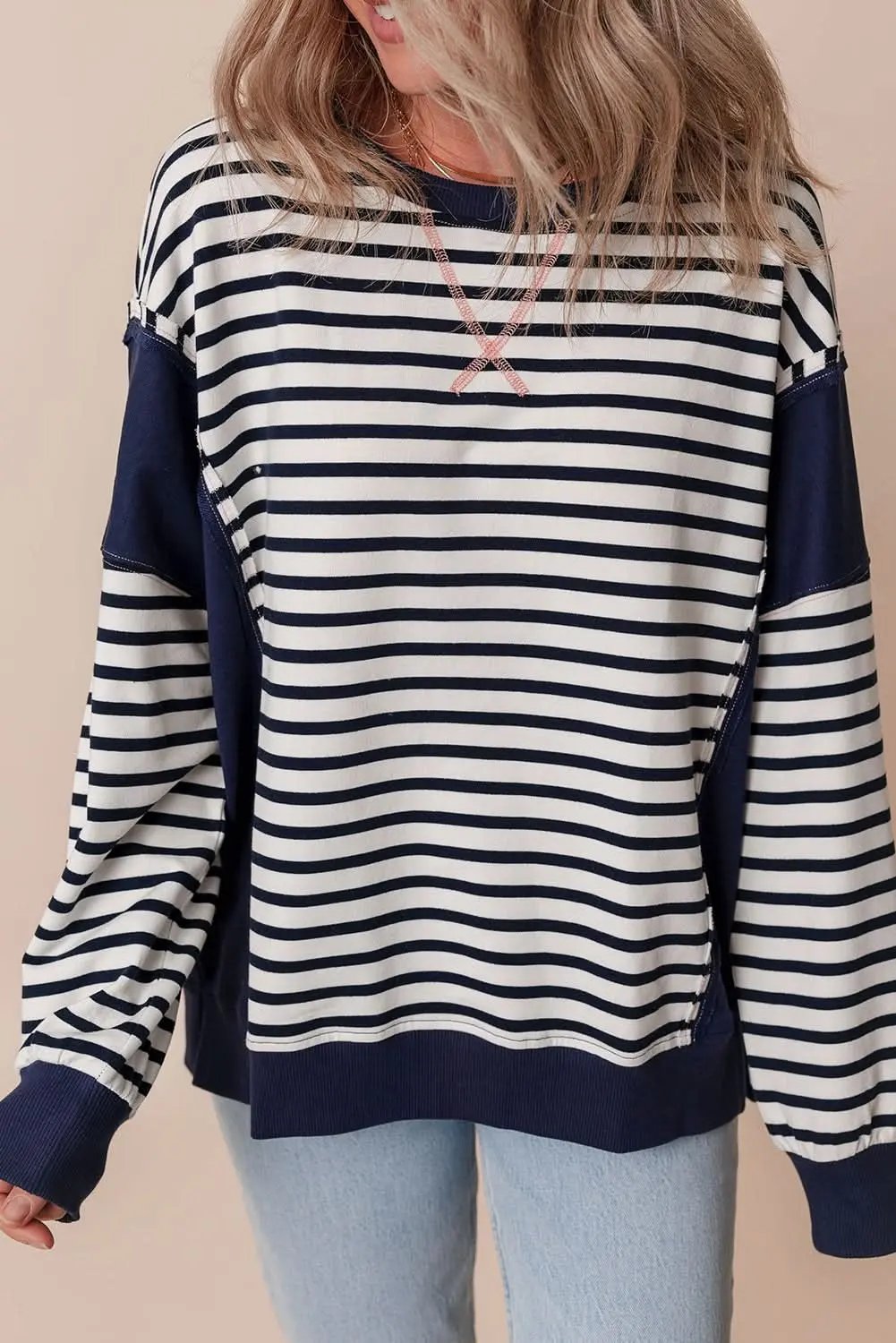 Women's Sweatshirt - Stripe Color Block - Casual Loose Fit Winter Style