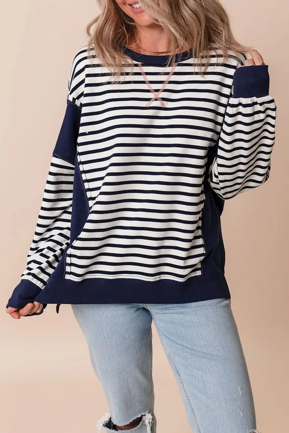 Women's Sweatshirt - Stripe Color Block - Casual Loose Fit Winter Style