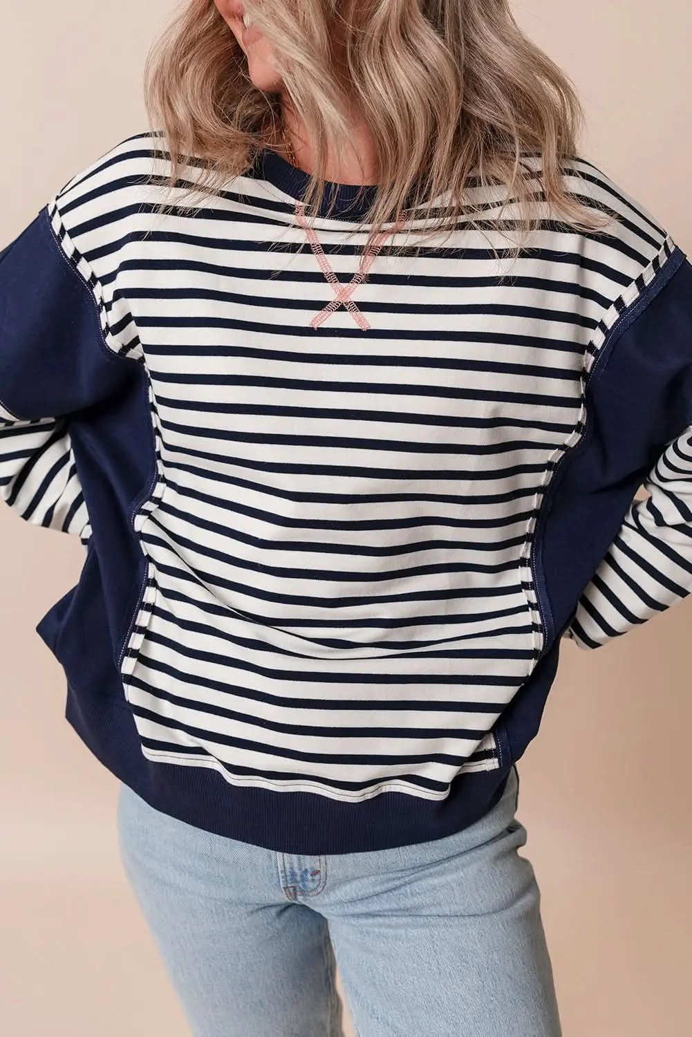 Women's Sweatshirt - Stripe Color Block - Casual Loose Fit Winter Style