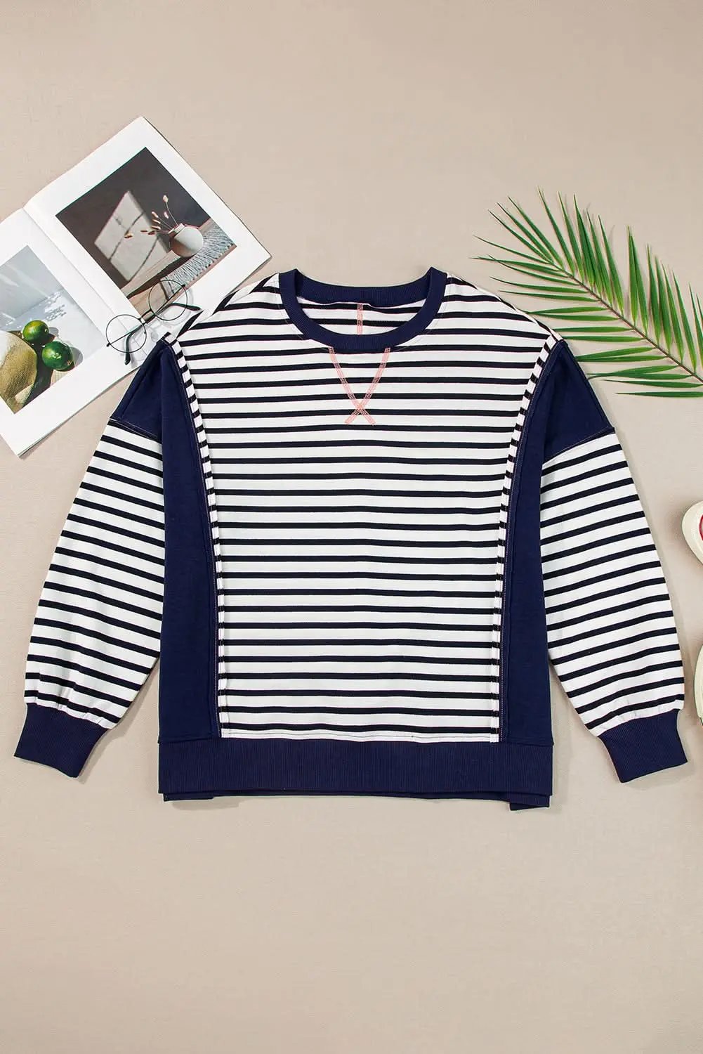 Women's Sweatshirt - Stripe Color Block - Casual Loose Fit Winter Style