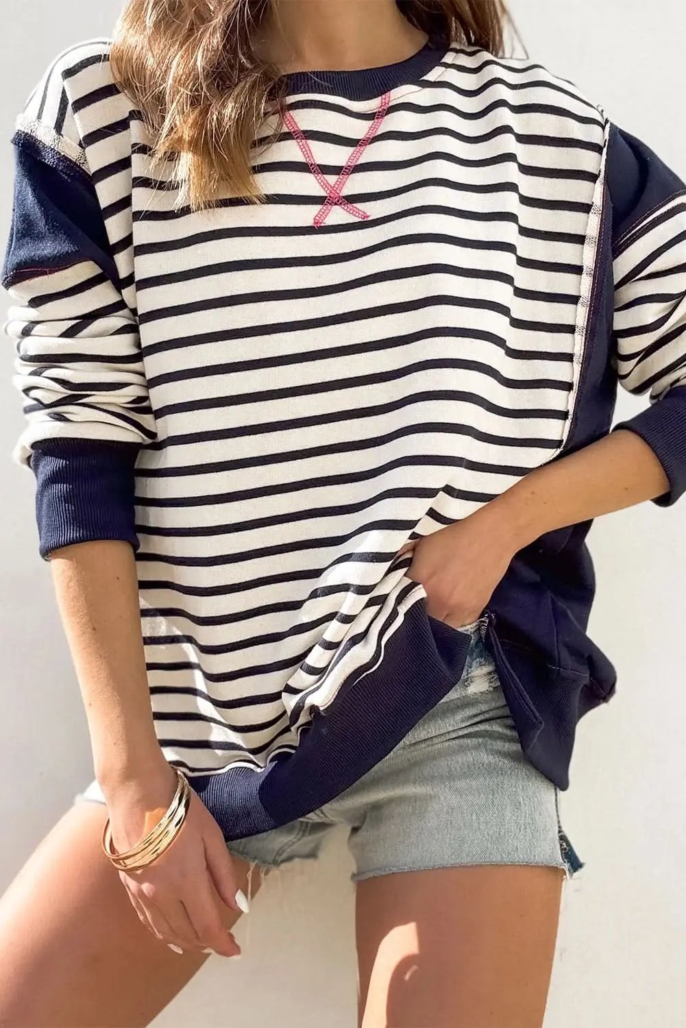 Women's Sweatshirt - Stripe Color Block - Casual Loose Fit Winter Style