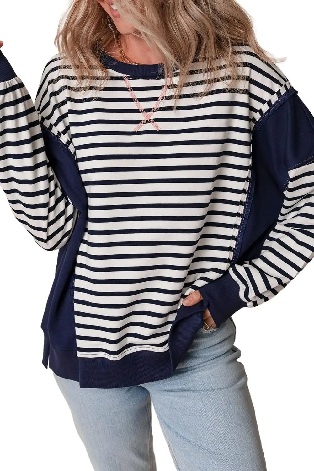 Women's Sweatshirt - Stripe Color Block - Casual Loose Fit Winter Style