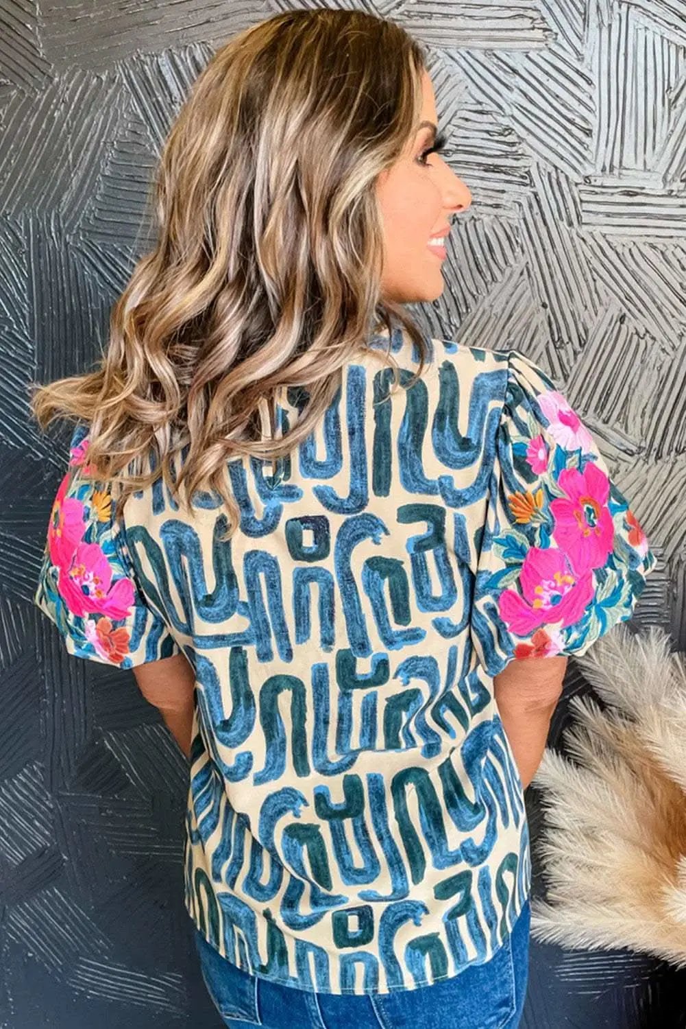 Tops/Tops & Tees Love Salve Beige Embroidered Puff Sleeve Frilled Neck