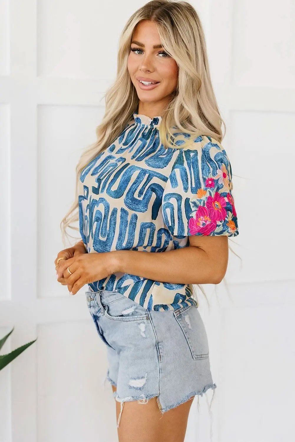 Tops/Tops & Tees Love Salve Beige Embroidered Puff Sleeve Frilled Neck