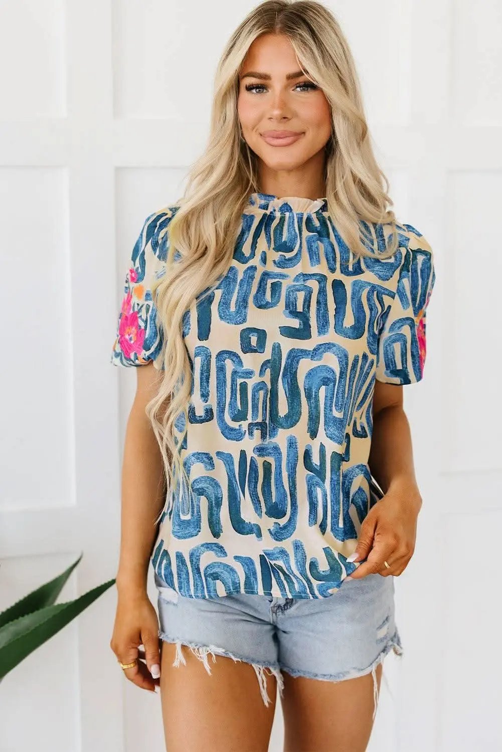 Tops/Tops & Tees Love Salve Beige Embroidered Puff Sleeve Frilled Neck
