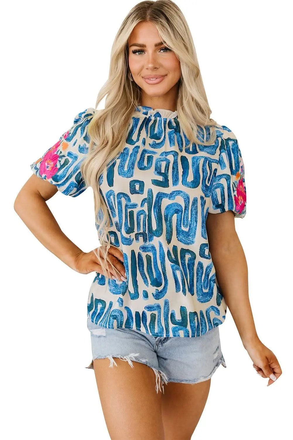 Tops/Tops & Tees Love Salve Beige Embroidered Puff Sleeve Frilled Neck