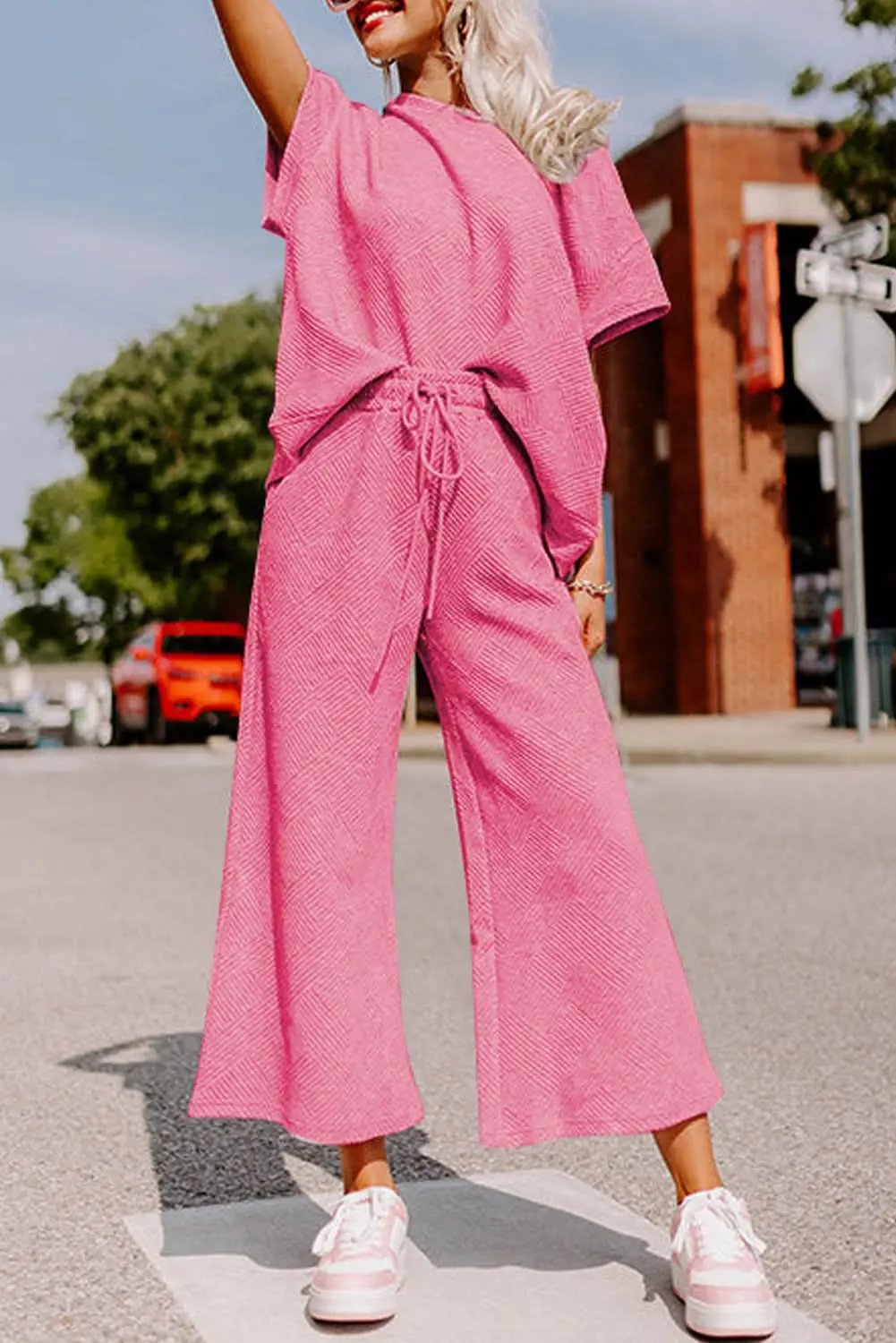 Pants Love Salve Strawberry Pink Textured Loose Fit T Shirt and Dra