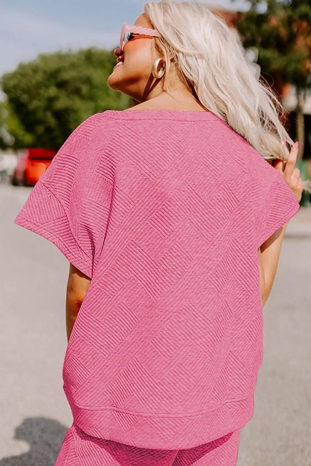Pants Love Salve Strawberry Pink Textured Loose Fit T Shirt and Dra