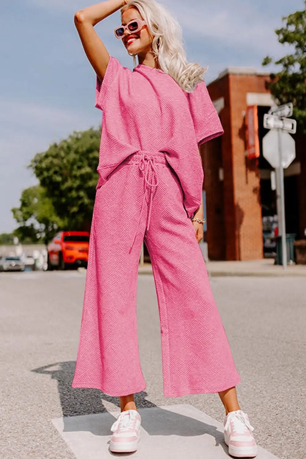 Pants Love Salve Strawberry Pink Textured Loose Fit T Shirt and Dra