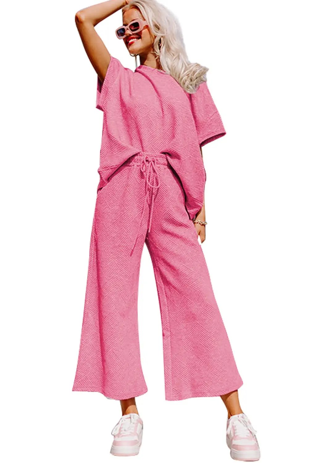 Pants Love Salve Strawberry Pink Textured Loose Fit T Shirt and Dra