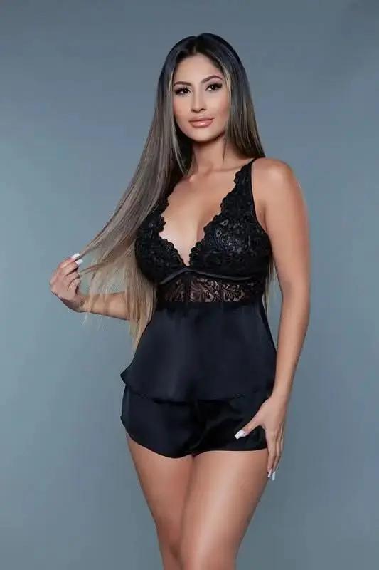 T-Shirts Premium BE WICKED Sienna Lace & Satin Loungewear Set Black 1X