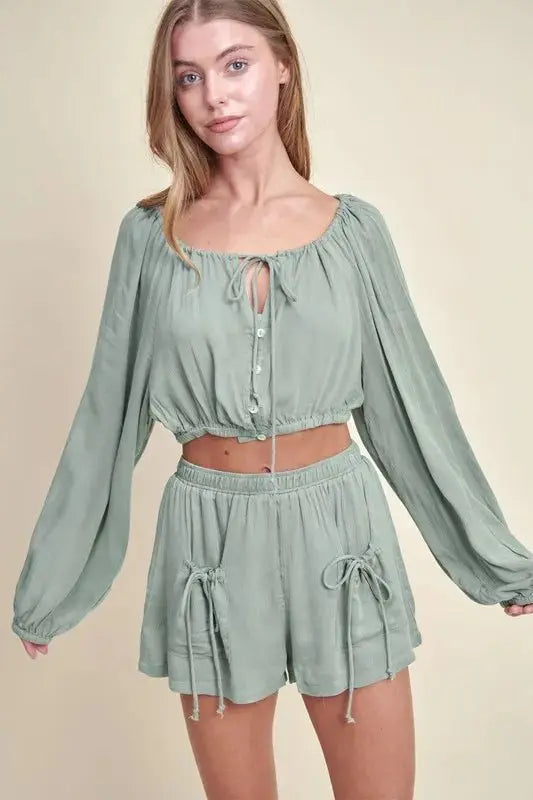Women's Two-Piece Outfit Crop Top Set - Gauze Fabric - Casual Two-Piece Outfit