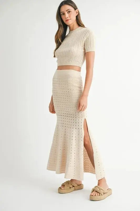 Women's Two-Piece Skirt Set Knit Set - Pointelle - Casual Crop Top Skirt