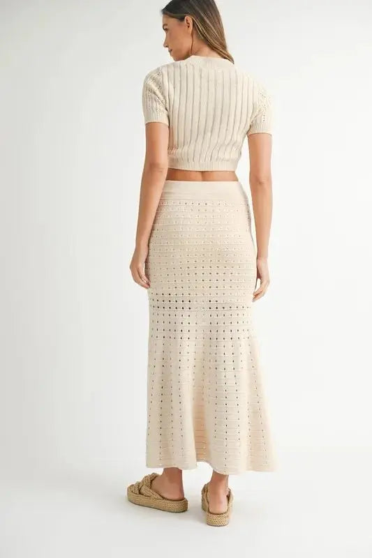 Women's Two-Piece Skirt Set Knit Set - Pointelle - Casual Crop Top Skirt