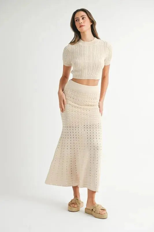 Women's Two-Piece Skirt Set Knit Set - Pointelle - Casual Crop Top Skirt