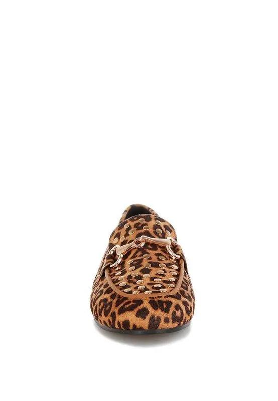 Shoes Rag Company Meopa Horsebit Studs Leopard Print Loafers for Women - Elegant Footwear