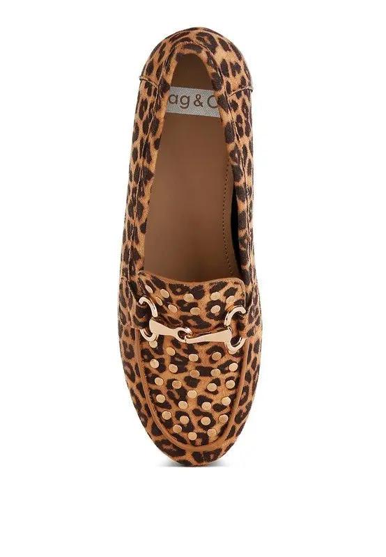 Shoes Rag Company Meopa Horsebit Studs Leopard Print Loafers for Women - Elegant Footwear