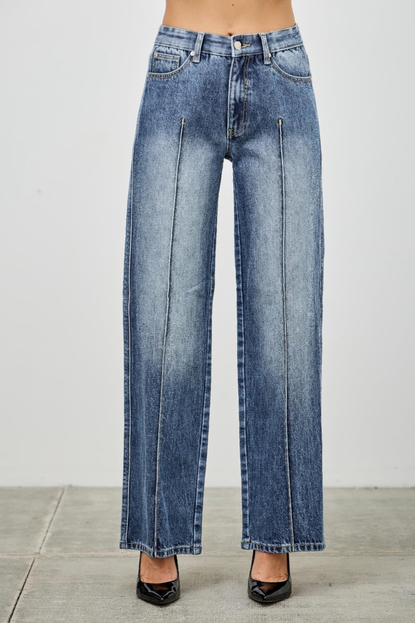 Women's Mid Rise Straight Leg Pintuck Denim Jean Pants