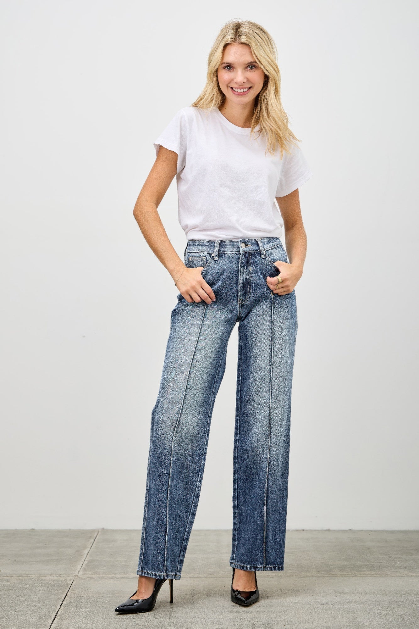 Women's Mid Rise Straight Leg Pintuck Denim Jean Pants
