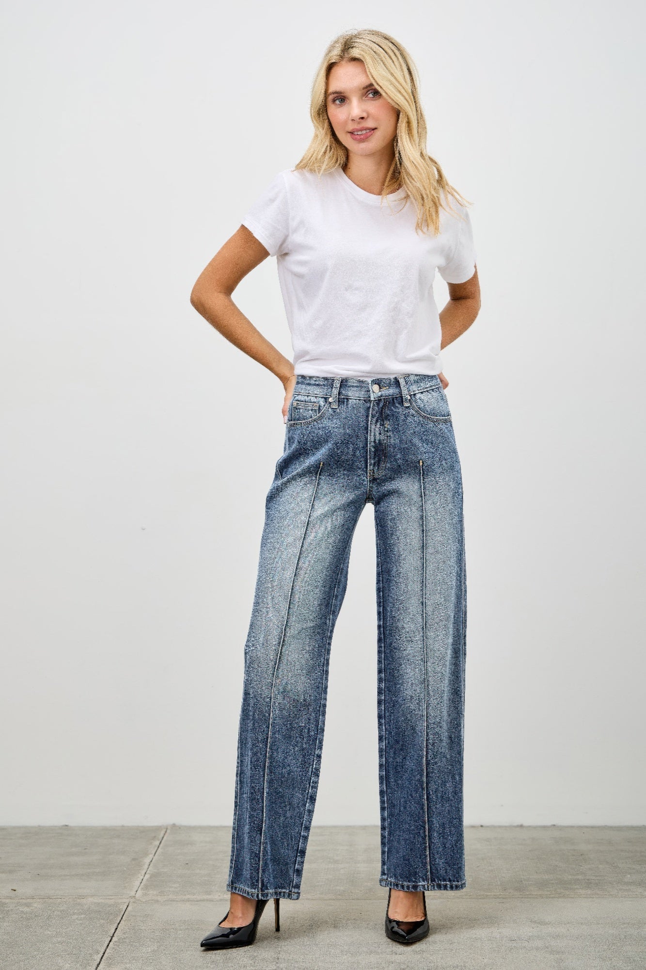 Women's Mid Rise Straight Leg Pintuck Denim Jean Pants