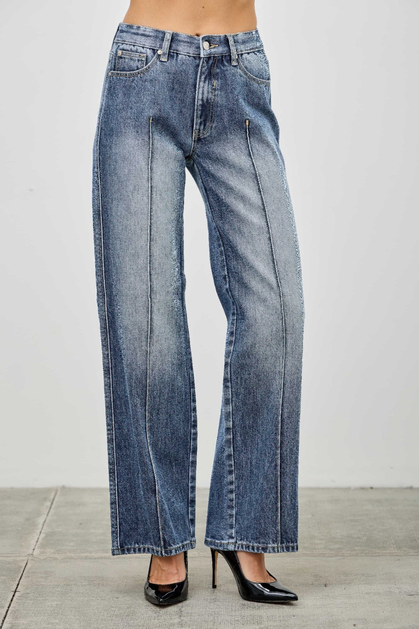 Women's Mid Rise Straight Leg Pintuck Denim Jean Pants