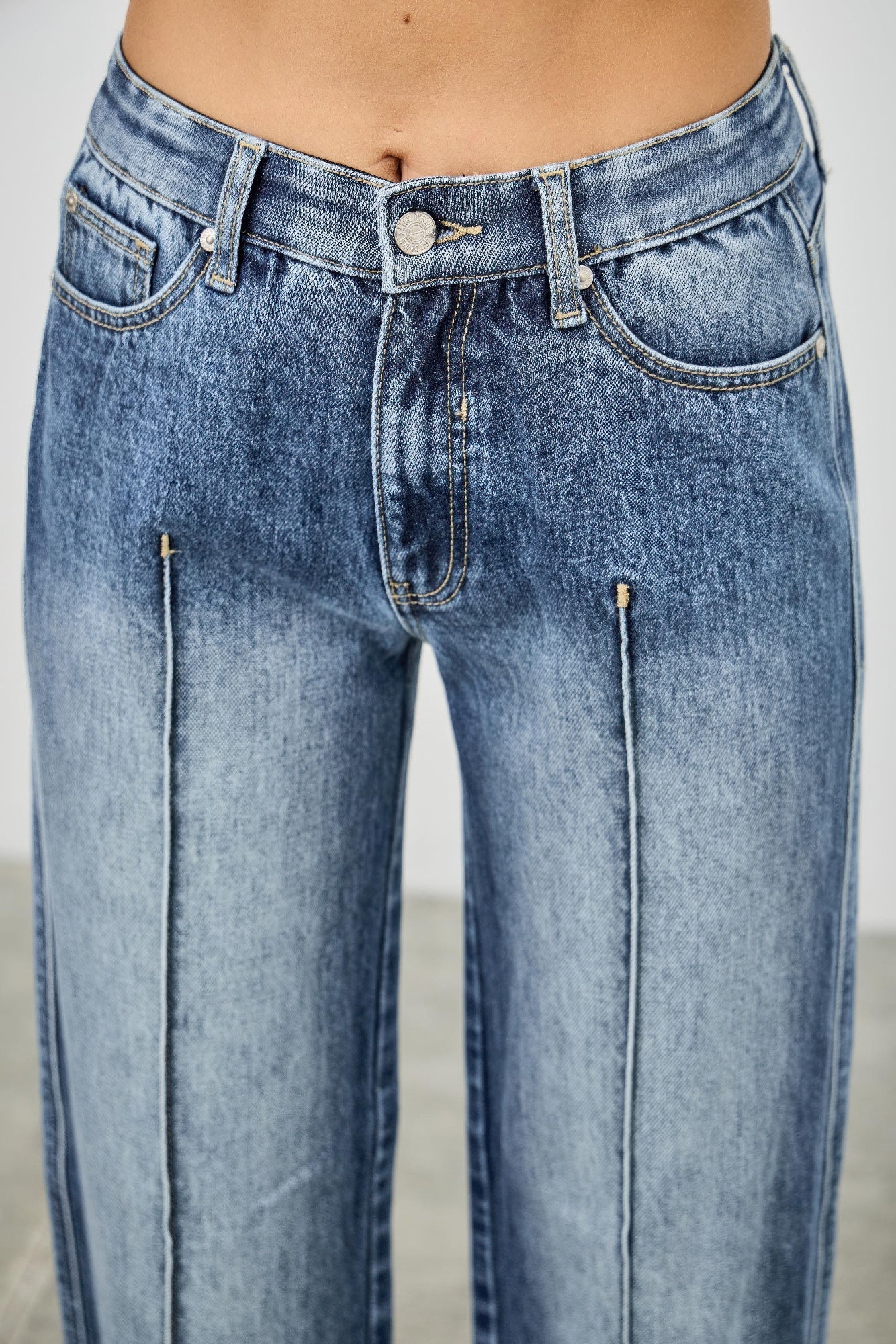 Women's Mid Rise Straight Leg Pintuck Denim Jean Pants