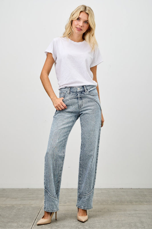 Mid Rise Straight Blue Jeans With Piping Detail