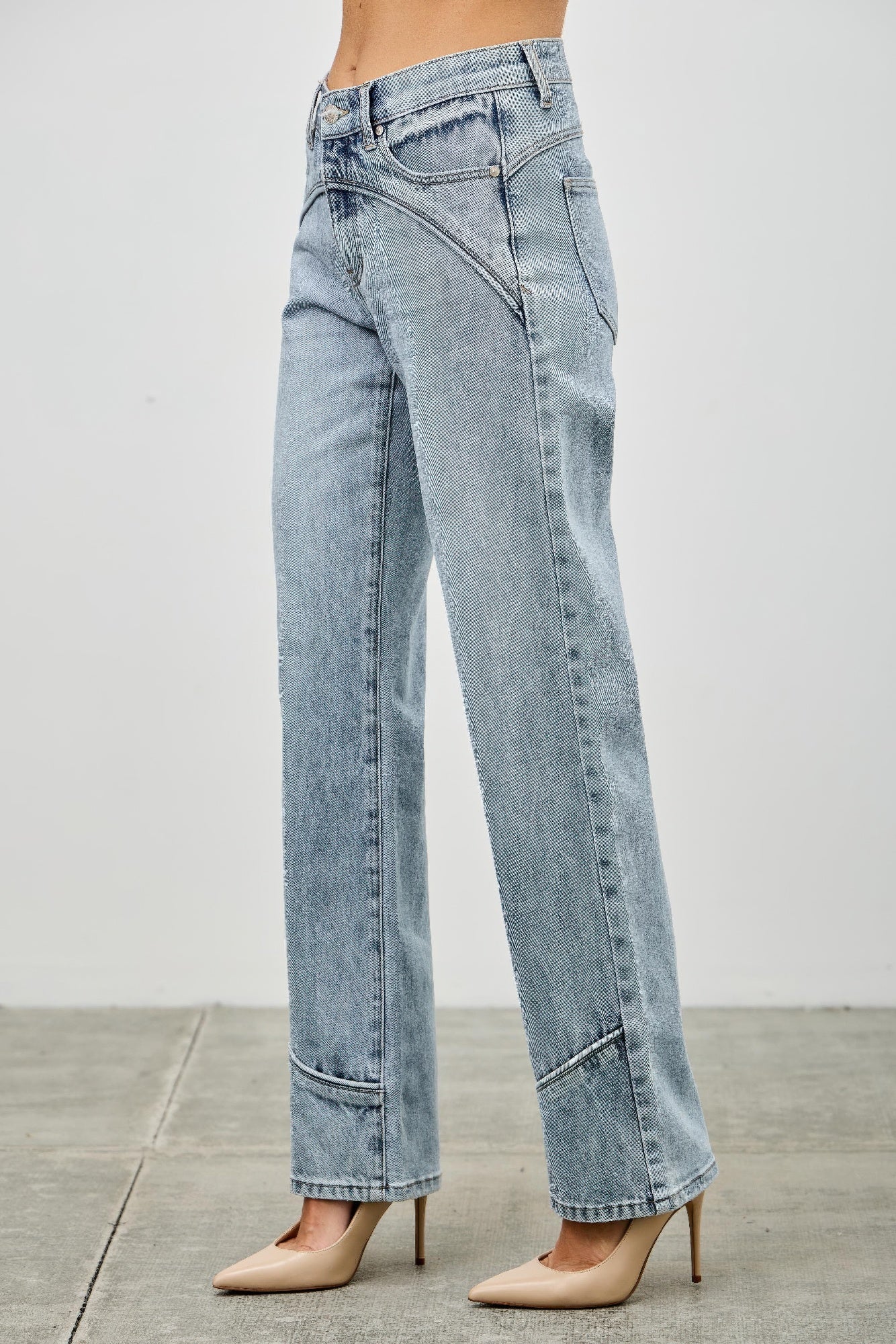 Mid Rise Straight Blue Jeans With Piping Detail