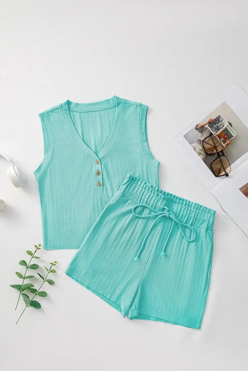 Two Piece Sets/Short Sets Love Salve Mint Ribbed Set Women's Daily Wear Outfit Casual Tank & Shorts
