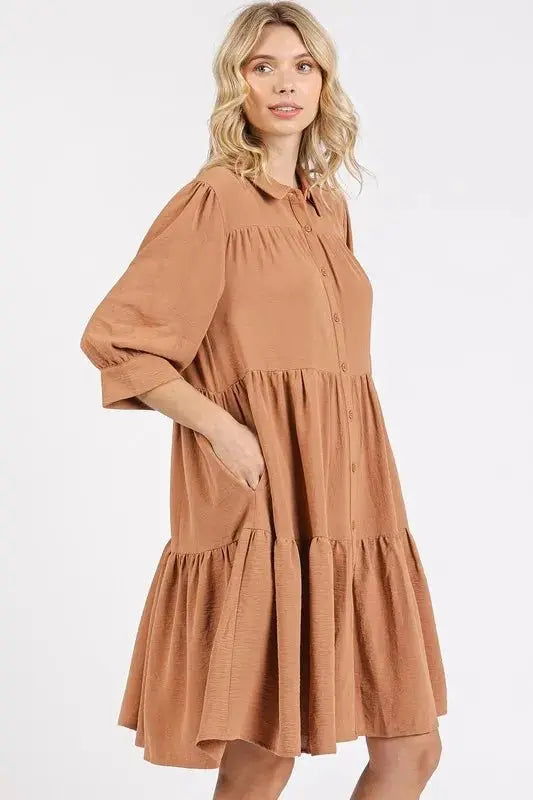 Accessories Trendsi Button Detail Dress Women's Casual Tiered Shirt Dress Flowy, USA Ship
