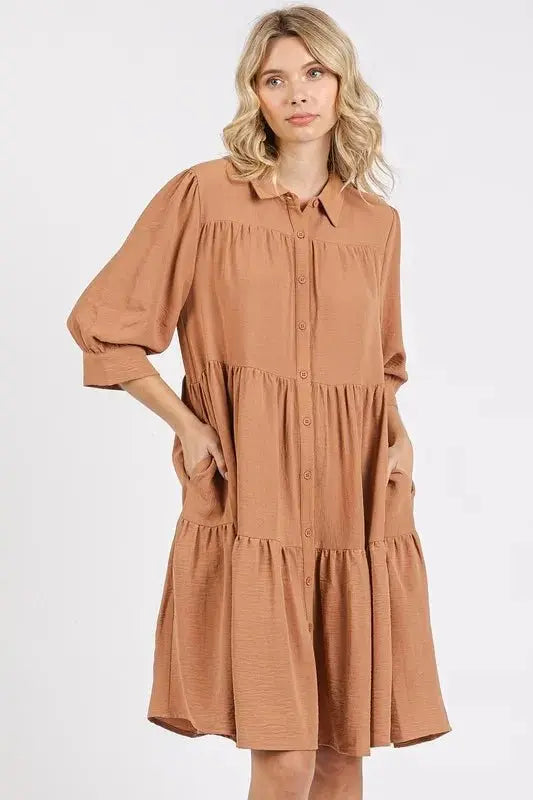 Accessories Trendsi Button Detail Dress Women's Casual Tiered Shirt Dress Flowy, USA Ship