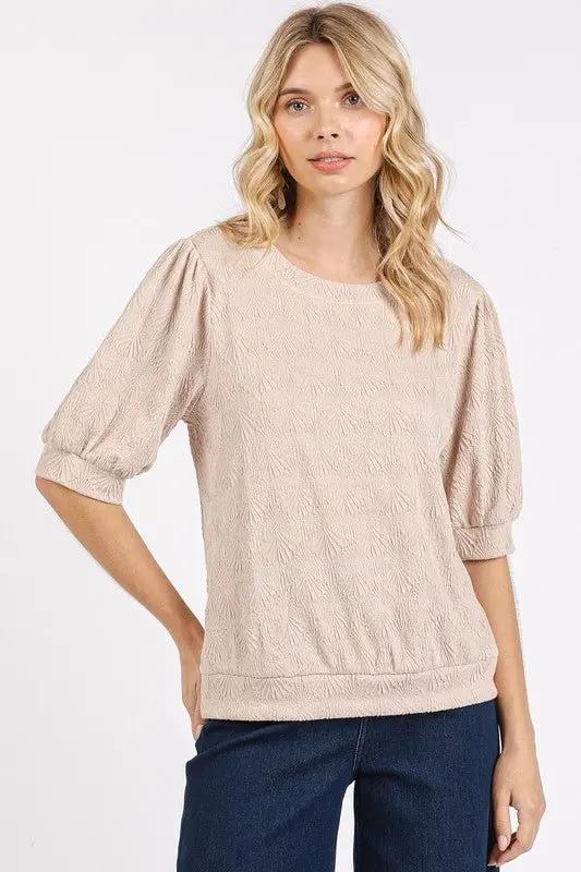 Women's Knit Top Knit Top - Short Puff Sleeve - Casual Shirt