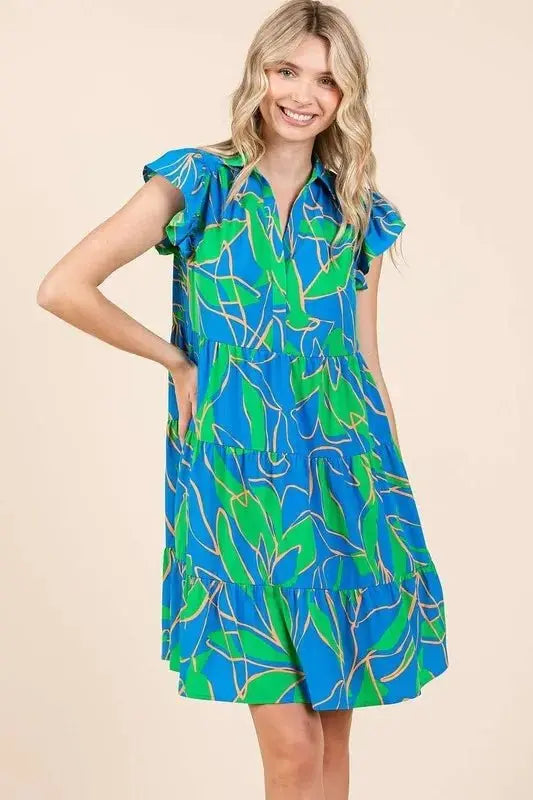 Dresses Trendsi Leaf Print Mini Dress Women's Summer Casual Ruffle Sleeve Tiered Dress