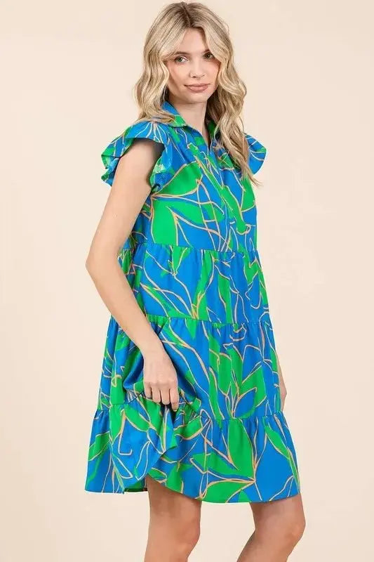 Dresses Trendsi Leaf Print Mini Dress Women's Summer Casual Ruffle Sleeve Tiered Dress