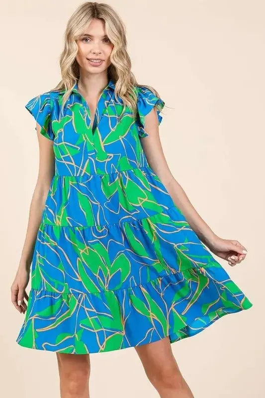 Dresses Trendsi Leaf Print Mini Dress Women's Summer Casual Ruffle Sleeve Tiered Dress