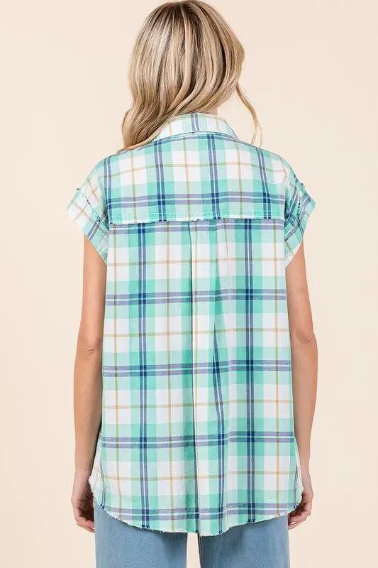 Accessories Trendsi Mineral Wash Plaid Women's Button Down Shirt Casual, Comfortable