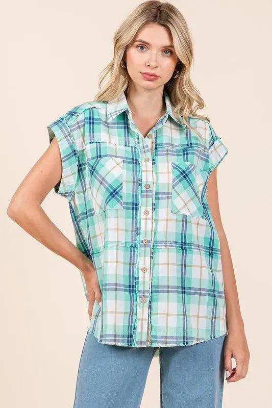Accessories Trendsi Mineral Wash Plaid Women's Button Down Shirt Casual, Comfortable