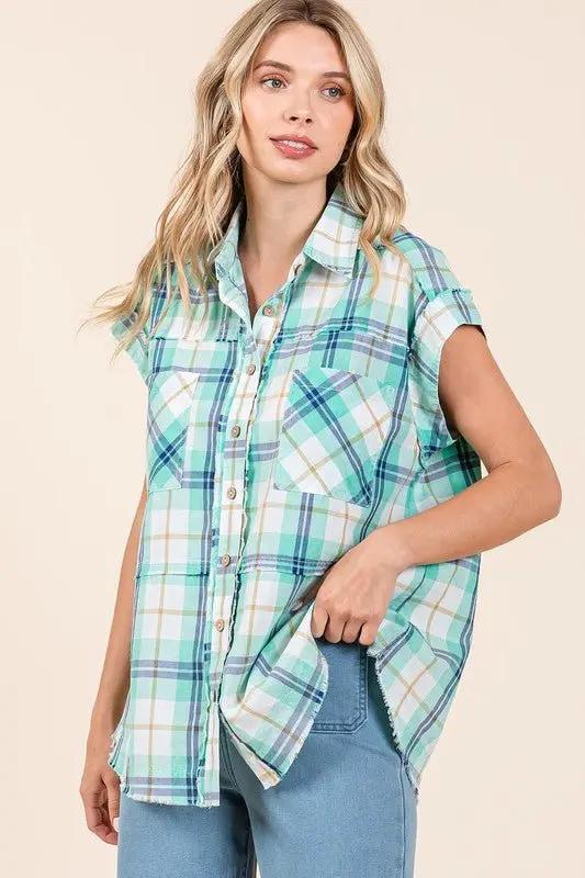 Accessories Trendsi Mineral Wash Plaid Women's Button Down Shirt Casual, Comfortable