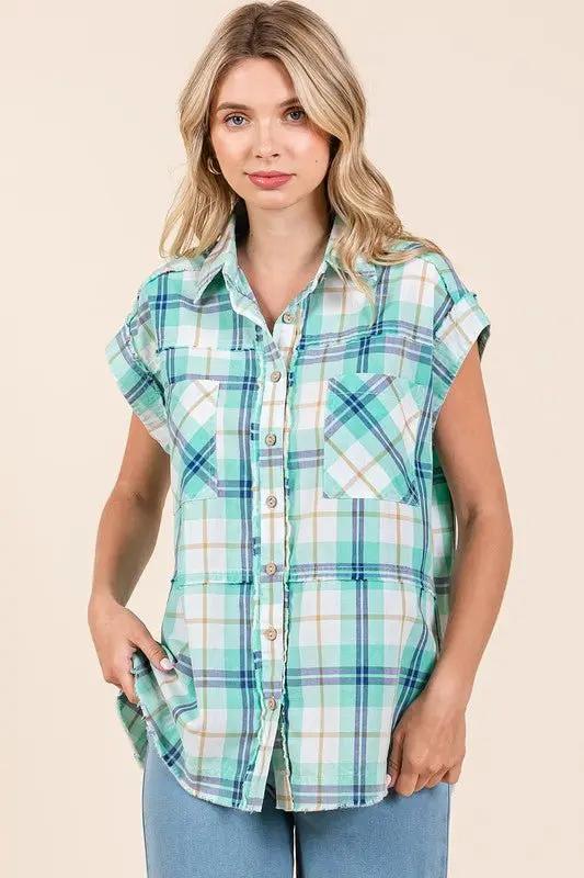 Accessories Trendsi Mineral Wash Plaid Women's Button Down Shirt Casual, Comfortable