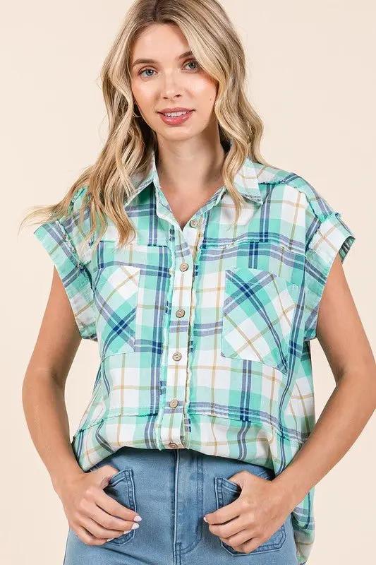 Accessories Trendsi Mineral Wash Plaid Women's Button Down Shirt Casual, Comfortable