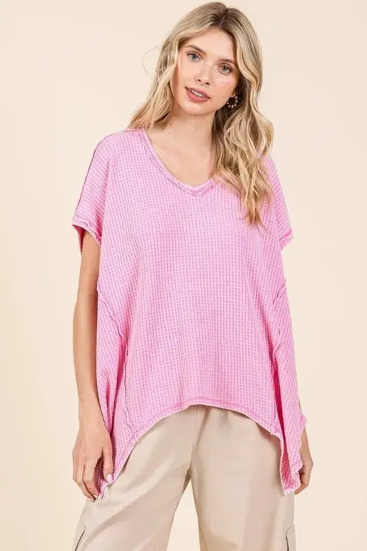 T-Shirts Trendsi Mineral Wash Waffle Knit Women's Casual Top + Pointed Hem + Trendy Style