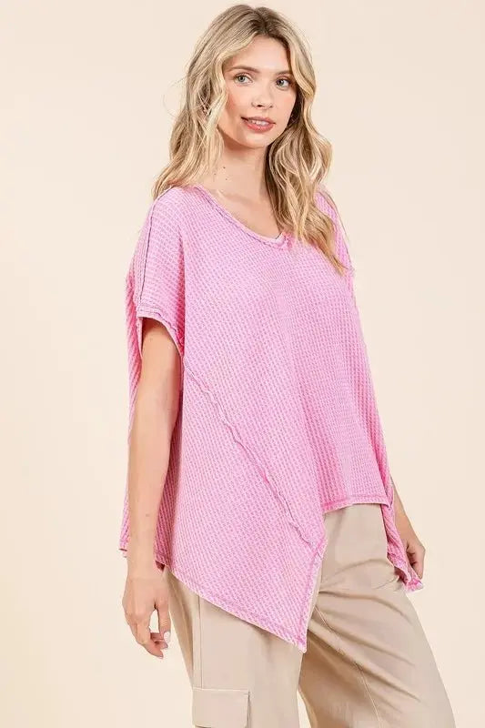 T-Shirts Trendsi Mineral Wash Waffle Knit Women's Casual Top + Pointed Hem + Trendy Style