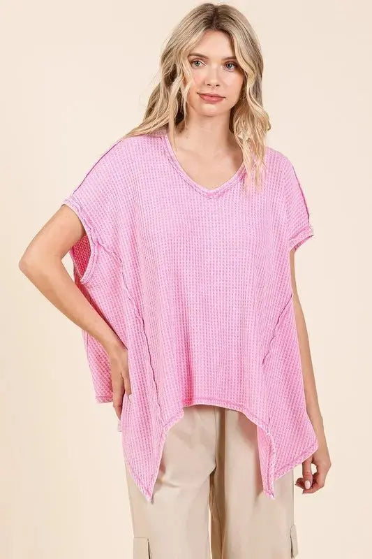T-Shirts Trendsi Mineral Wash Waffle Knit Women's Casual Top + Pointed Hem + Trendy Style