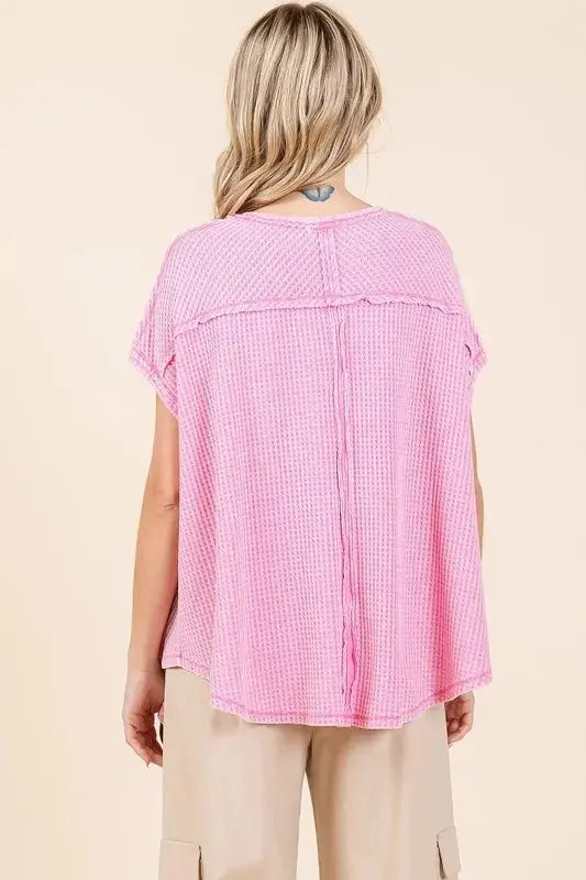 T-Shirts Trendsi Mineral Wash Waffle Knit Women's Casual Top + Pointed Hem + Trendy Style