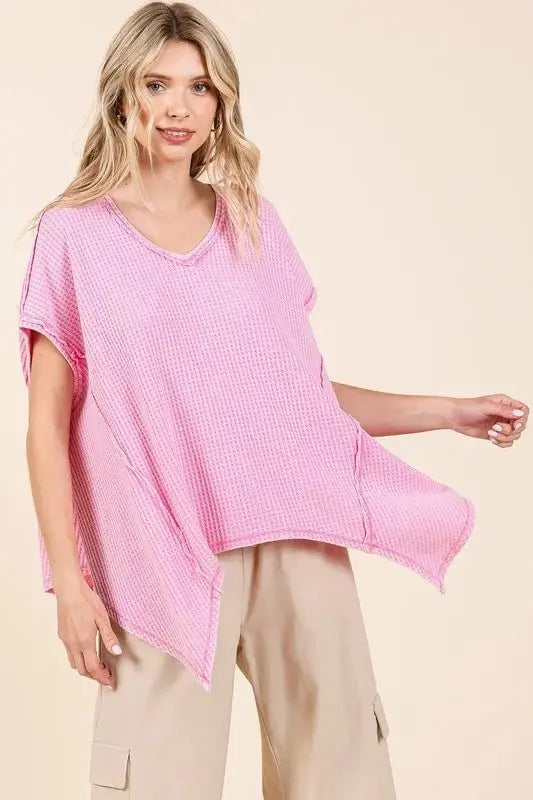 T-Shirts Trendsi Mineral Wash Waffle Knit Women's Casual Top + Pointed Hem + Trendy Style