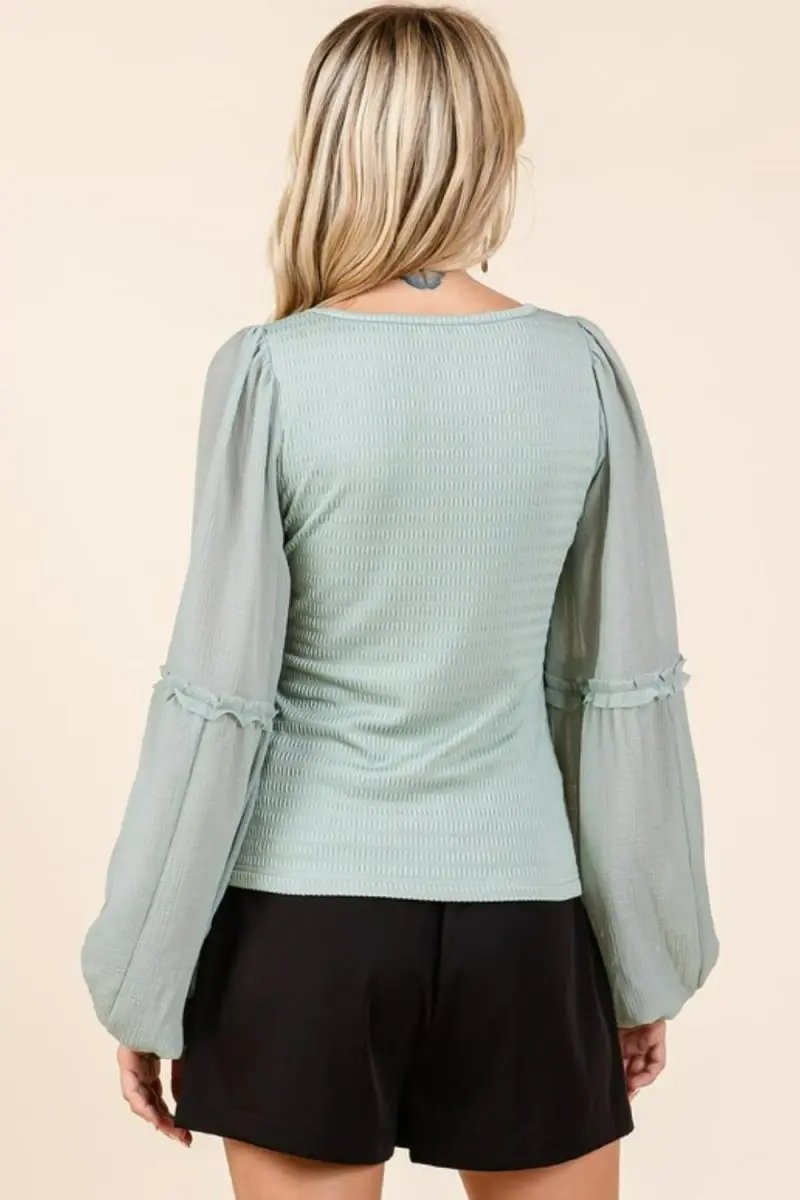 Women's Long Sleeve Top - Knit Chiffon - Textured Mixed Media