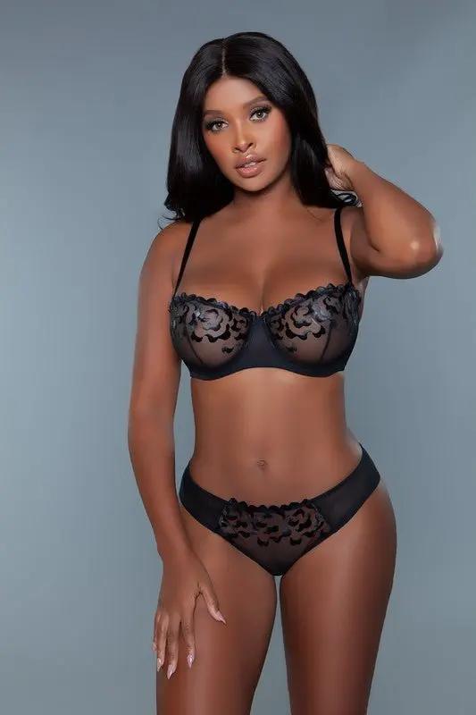 Balconette Bra - Underwire Support - Black Floral Lace